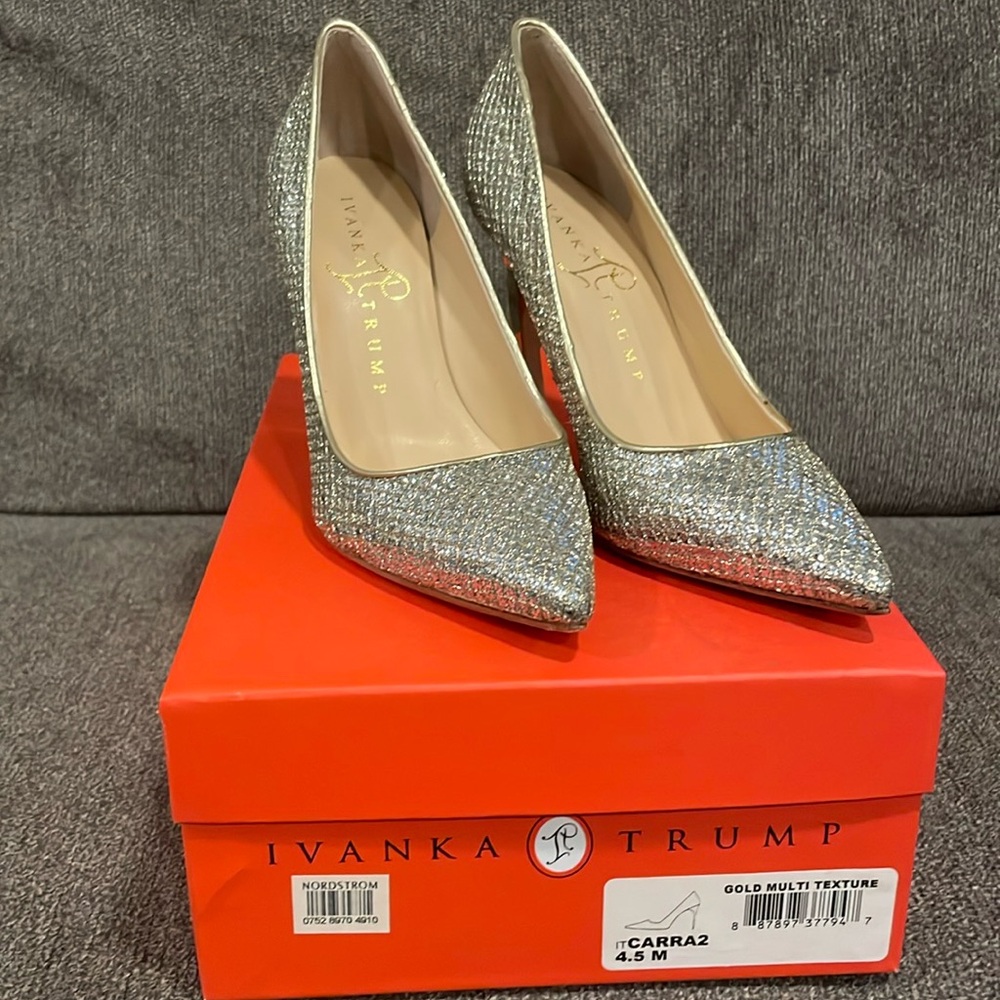Ivanka Trump Carra2 silver glitter pumps with gold accent heels. Size 4.5